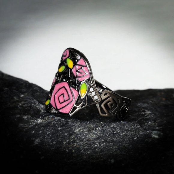 Rose flower ring pink black 925 silver new - Picture 5 of 5